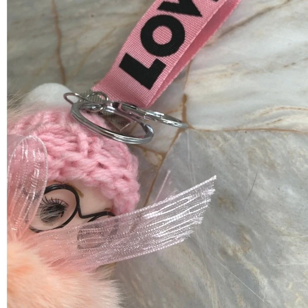 Pink Faux Fur Doll Keychain Charm with Glasses and LOVE Strap Accessory‎